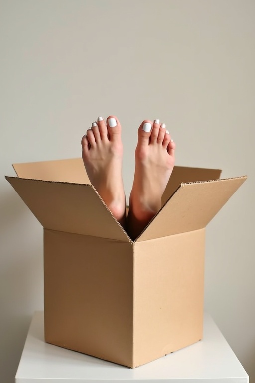 Female feet with white nail polish visible above the edge of a cardboard box. The box is large with open flaps. A plain light background emphasizes the box and feet.