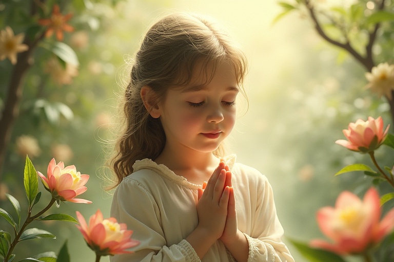 A girl is praying with hands together in a serene garden filled with blooming flowers. The background is softly lit, creating an ethereal atmosphere. The image captures a moment of tranquility and innocence.