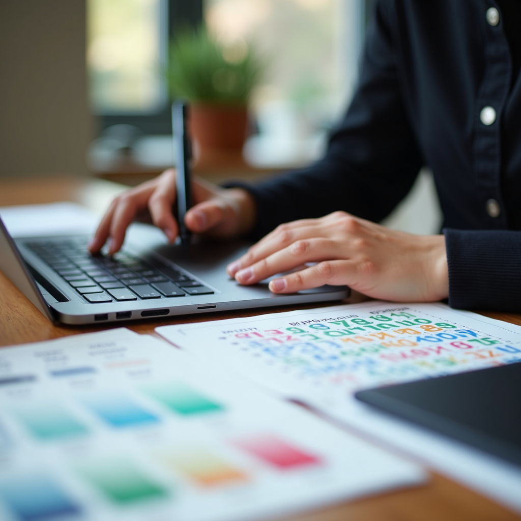 A person working on a laptop with colorful design papers on a wooden desk.