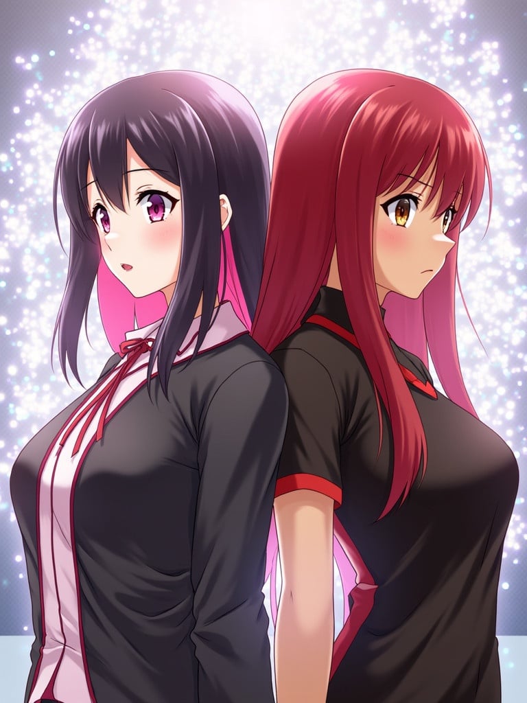 Two anime-style girls in distinct outfits and hairstyles. One has pink and black hair with matching clothes and pink lip gloss. The other character has long red hair and dark skin wearing black and red attire. Background features bright flashing lights.