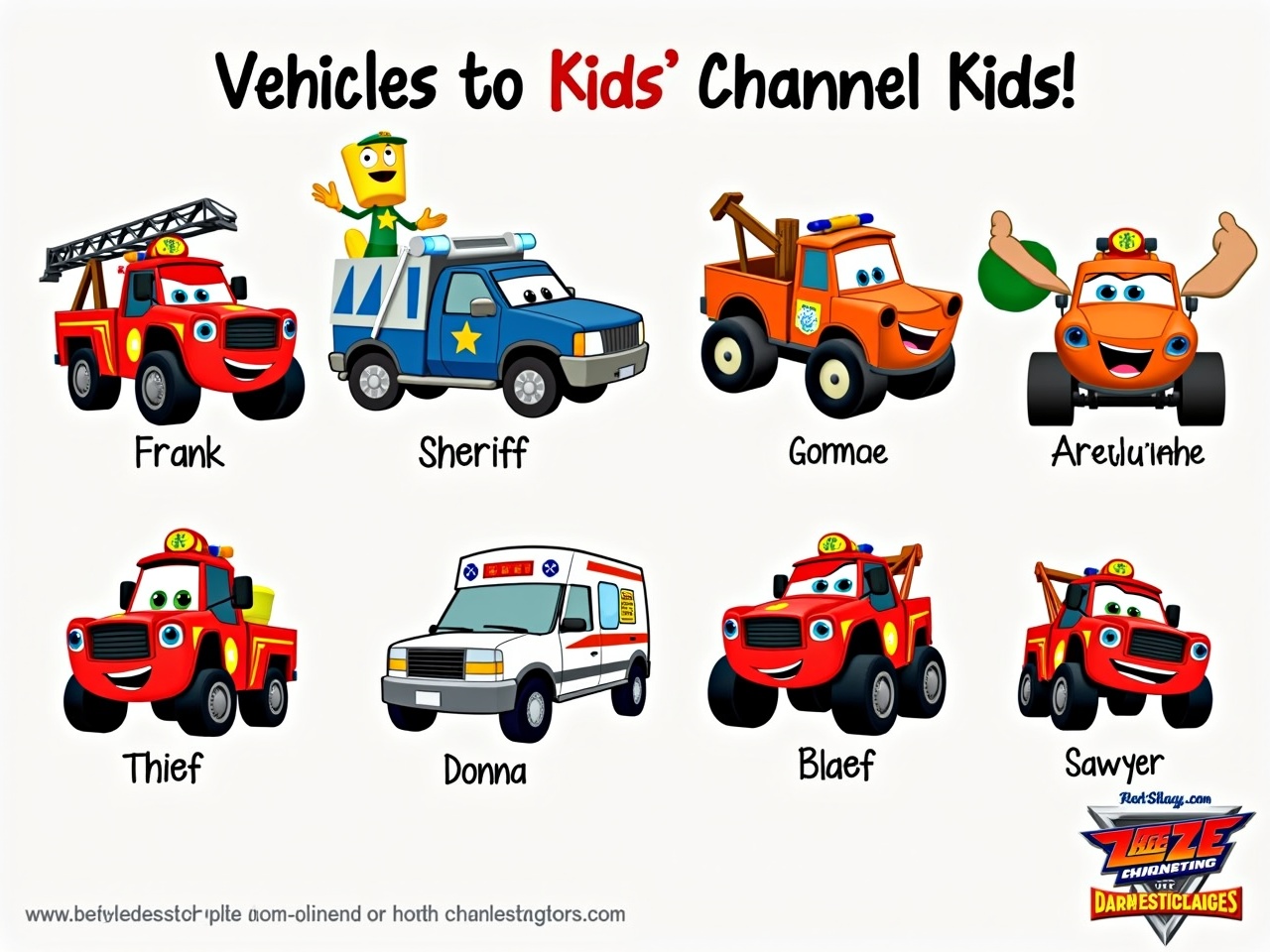 The image features colorful, cartoon-style vehicles, each with unique characteristics and expressions. There are several characters prominently displayed, such as a red fire truck named Frank, a blue police car labeled Sheriff, and an orange pickup that appears cheerful. A garbage truck is depicted in the background, holding a green object, while a black car labeled Thief adds an element of mischief. Other characters include a red and white ambulance named Donna, a character named Blaze, and another named Sawyer. This image is designed for children, showcasing a playful and engaging theme, suitable for a kids' channel.