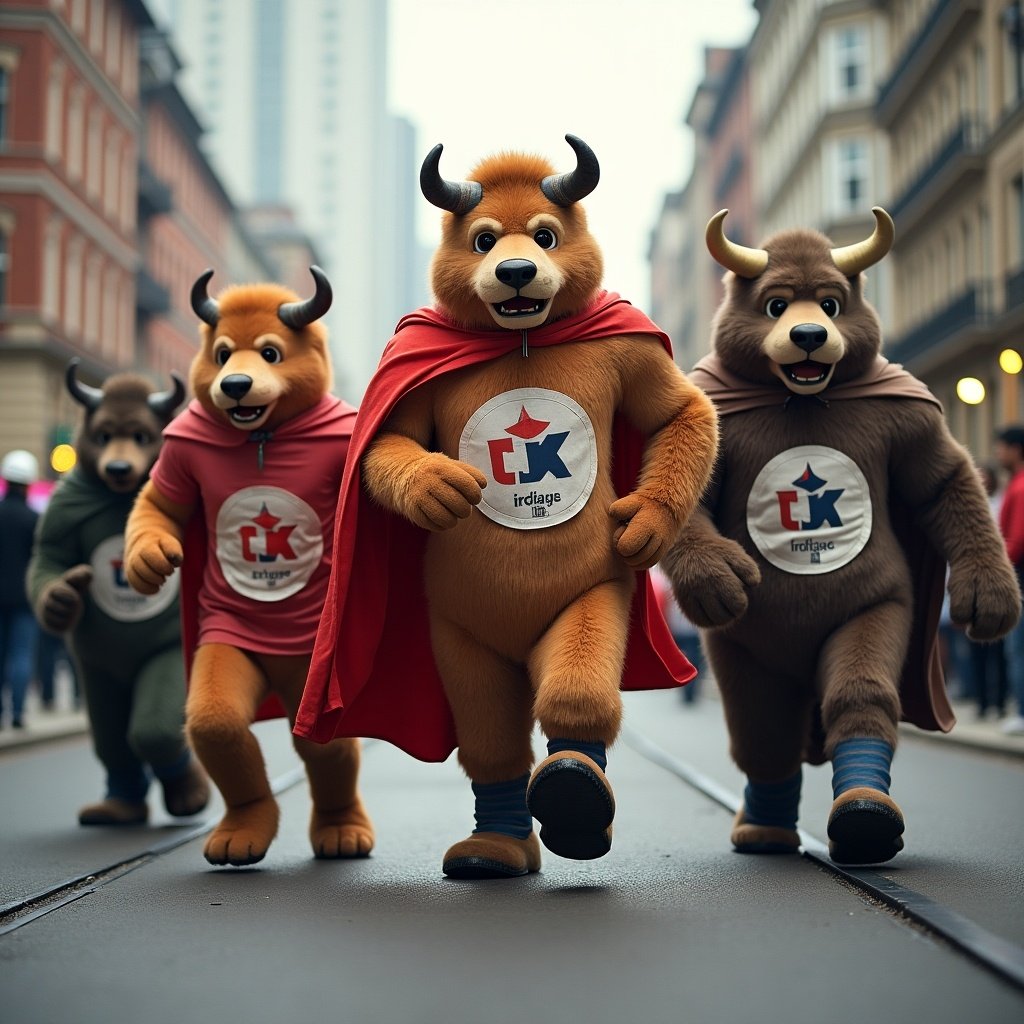 Tech titans mascots participate in a race. Four mascots with animal features and colorful costumes run together on a city street.