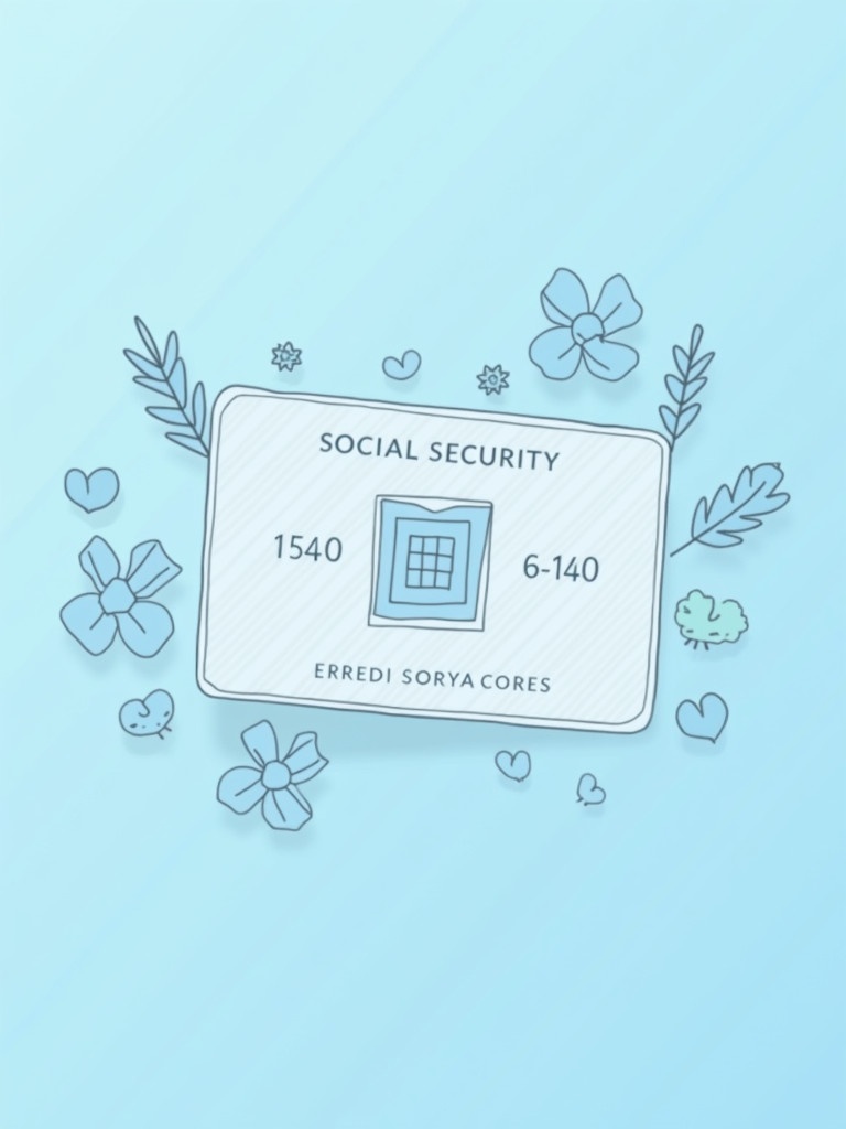 Depiction of a generic social security card featuring SOCIAL SECURITY text and key numbers. Card shows a graphic chip representing modern identification. Decorative elements indicate official nature. Background is soft blue, enhancing visual appeal.