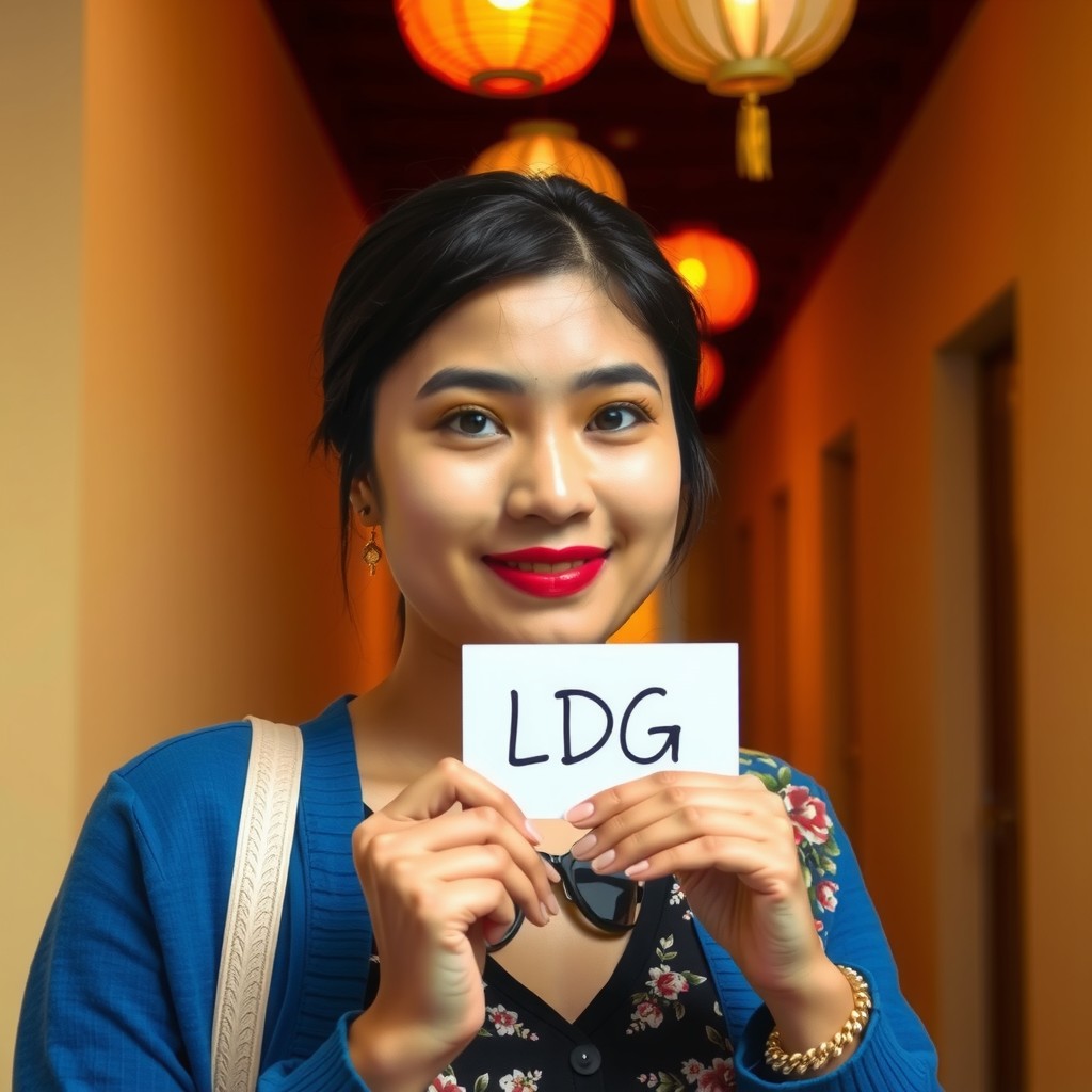 A person smiling indoors, holding a card with 'LDG' in a hallway decorated with hanging lanterns.