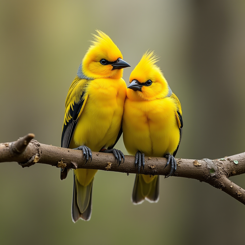 Two bright yellow birds with expressive crests perched closely on a branch.