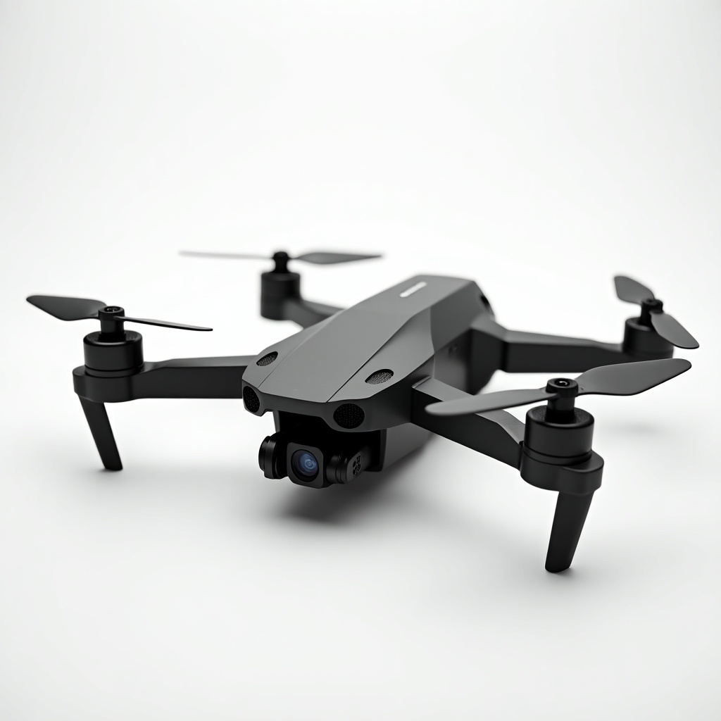 This image features a sleek, black racing FPV drone designed for high-speed aerial maneuvering. It has four propellers and a front-mounted camera for capturing stunning footage. The drone's streamlined gray body suggests agility and performance. Ideal for enthusiasts and professionals alike, it exemplifies the cutting-edge technology of modern drones. The image uses a minimalist background to enhance focus on the drone itself, showcasing its design and functionality.