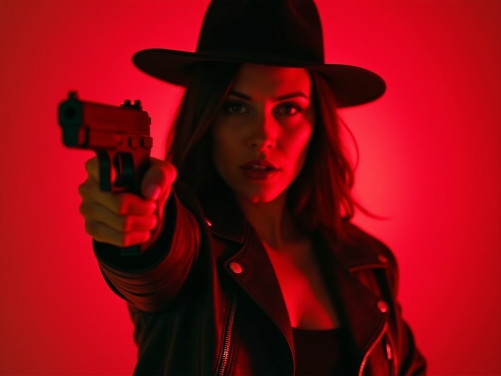 A striking portrait of a woman wearing a black hat and leather jacket, illuminated by intense red light. She is confidently holding a gun, creating a sense of empowerment and drama. The background is softly blurred to enhance the focus on her. The lighting casts dynamic shadows, emphasizing her features and clothing. This image captures a bold, rebellious essence suitable for fashion and entertainment themes.