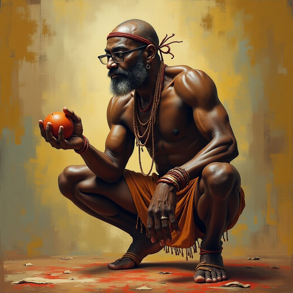 Muscular figure squatting while holding an orange. The figure has adornments and is positioned in a warm background. Focus on strength and artistry.