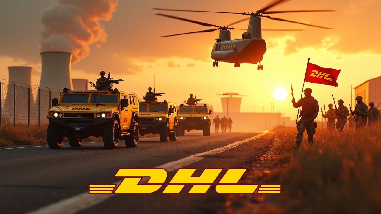 In a dramatic scene, several yellow armoured cars adorned with the DHL logo approach a fence. Soldiers march in unison, carrying rifles, showcasing precision and discipline. One soldier stands proudly, holding a vibrant flag featuring the DHL logo. In the background, a nuclear power plant adds a stark industrial contrast. The fiery sun casts a golden glow, enhancing the mood of urgency and action. A Chinook cargo helicopter flies above, complete with the DHL logo, emphasizing the logistical power of the brand. Bold yellow text at the bottom displays the DHL logo prominently.