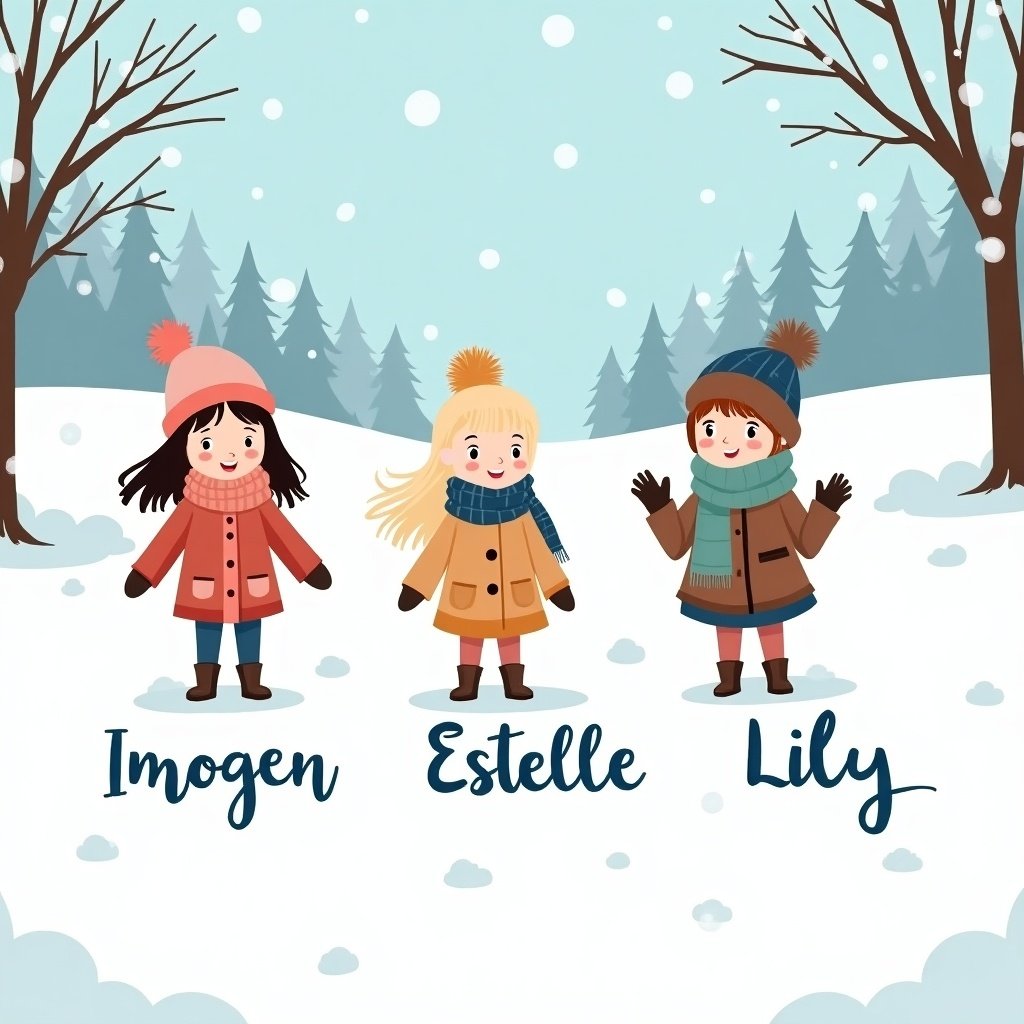 Three cartoon girls with brown and blonde hair in a snowy scene. Names Imogen, Estelle, and Lily written in the snow. They are dressed warmly and smiling.