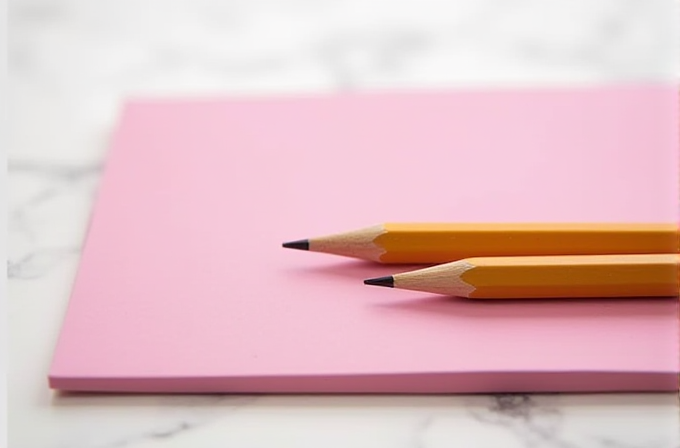 Two sharpened yellow pencils lie on a pink notepad on a marble surface.