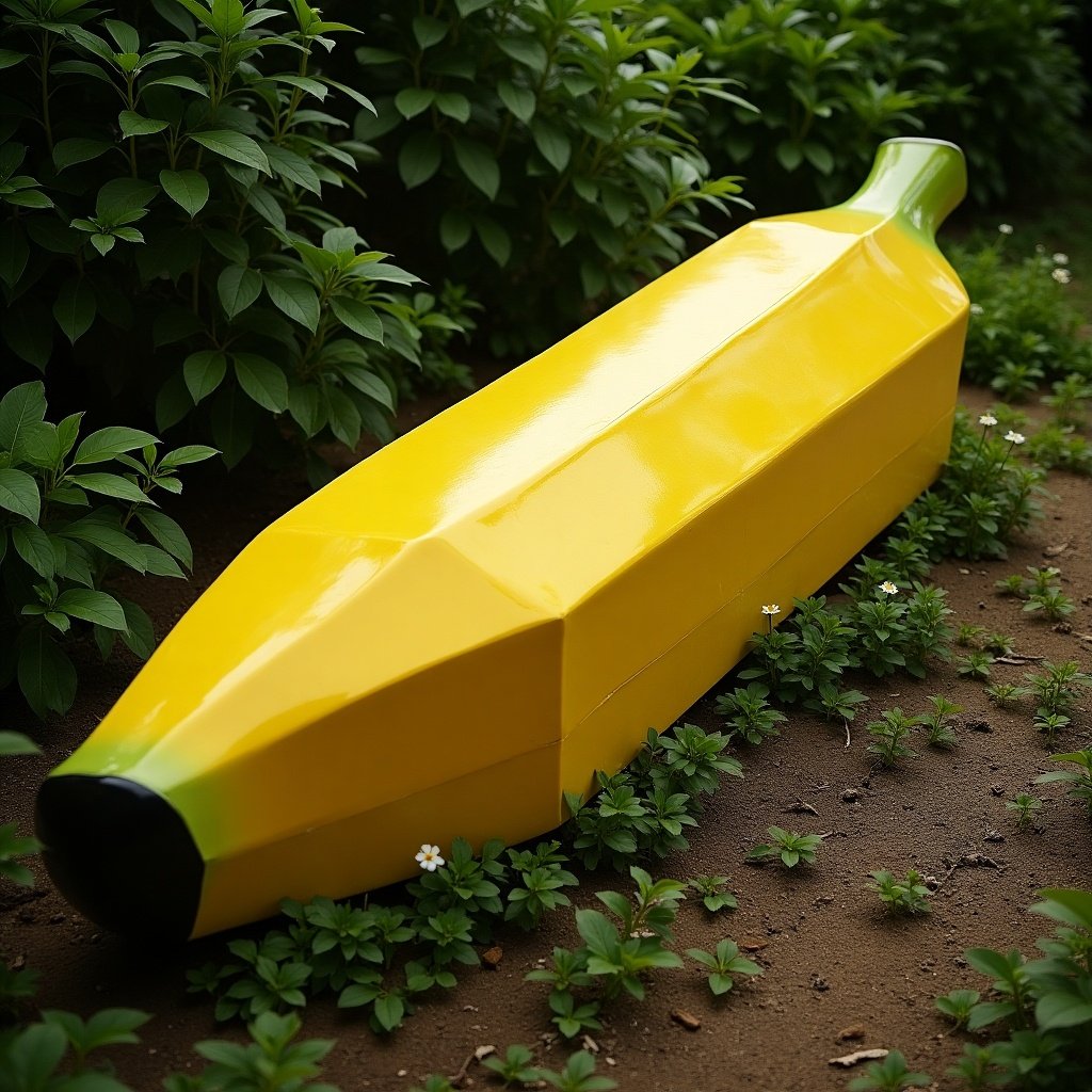 The image features a coffin designed in the shape of a banana, brightly painted in yellow with green and black details. It is situated in a garden-like setting surrounded by green leaves and small flowers. This whimsical design offers a humorous take on traditional burial practices. The coffin’s smooth surface shines in the natural light, drawing attention to its unique form. The ground-level perspective enhances the striking visual of this novelty coffin, suggesting it as a conversation starter for unique funerals.