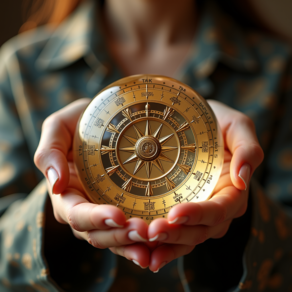 A person holding an ornate, golden compass-like instrument with detailed engravings and a star-shaped design in the center.