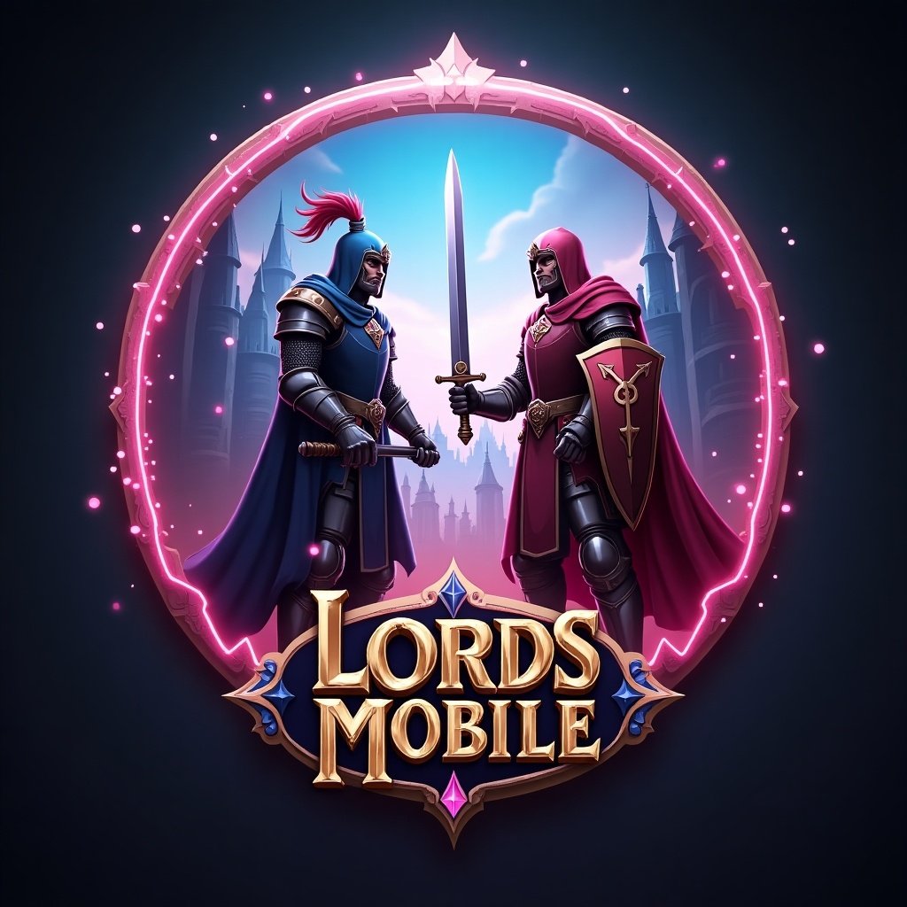 This image features two heroic knights from the *Lords Mobile* universe, known as Oath Keeper and Rose Knight. They stand facing each other, swords drawn, surrounded by a magical glowing aura that adds a fantasy element. The backdrop includes ethereal castles, reinforcing the game's mystical aesthetic. Both knights are adorned in detailed armor with varying colors, one in rich royal blue and the other in crimson red. The image is designed to evoke the themes of bravery, honor, and epic battles prevalent in the game.