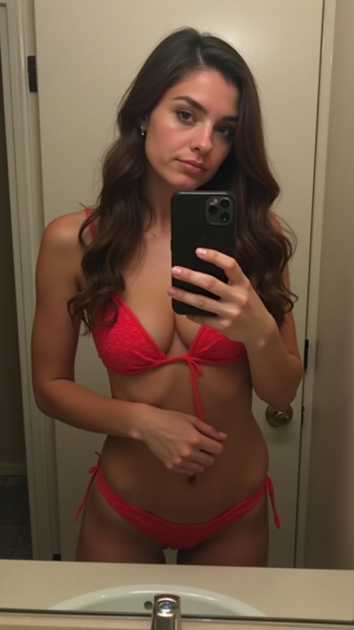 A young woman taking a selfie in a mirror wearing a red bikini indoors.