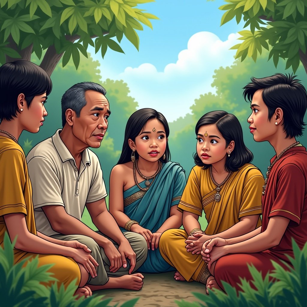 Five individuals sitting together in a circle. Individuals represent a community setting. They wear traditional clothing and display unity and engagement. The background consists of lush greenery and a clear sky. Overall atmosphere reflects collaboration and discussion.