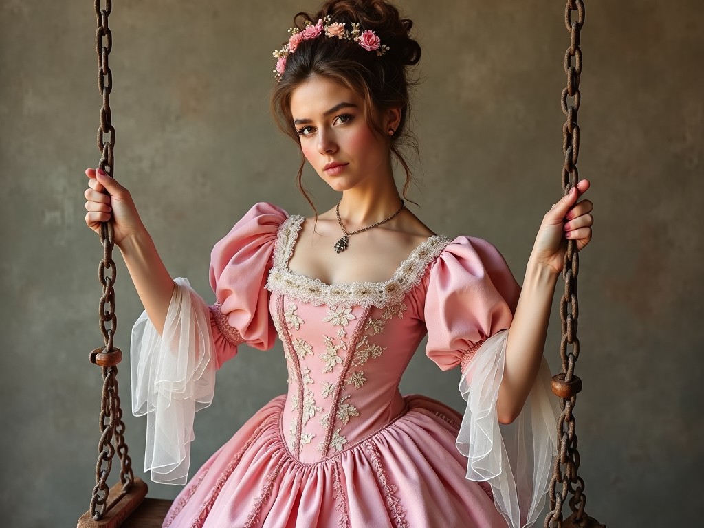 The image depicts a person from the 18th century dressed in elaborate and ornate clothing. She is wearing a pink dress adorned with floral patterns and lace embroidery, featuring puffed sleeves and a fitted bodice. Her hair is styled in a fashion typical of the period, with a large, voluminous arrangement. She is standing beside a swing, holding onto its chains, suggesting a leisurely moment. The background consists of a neutral, textured setting, drawing attention to her attire and pose.