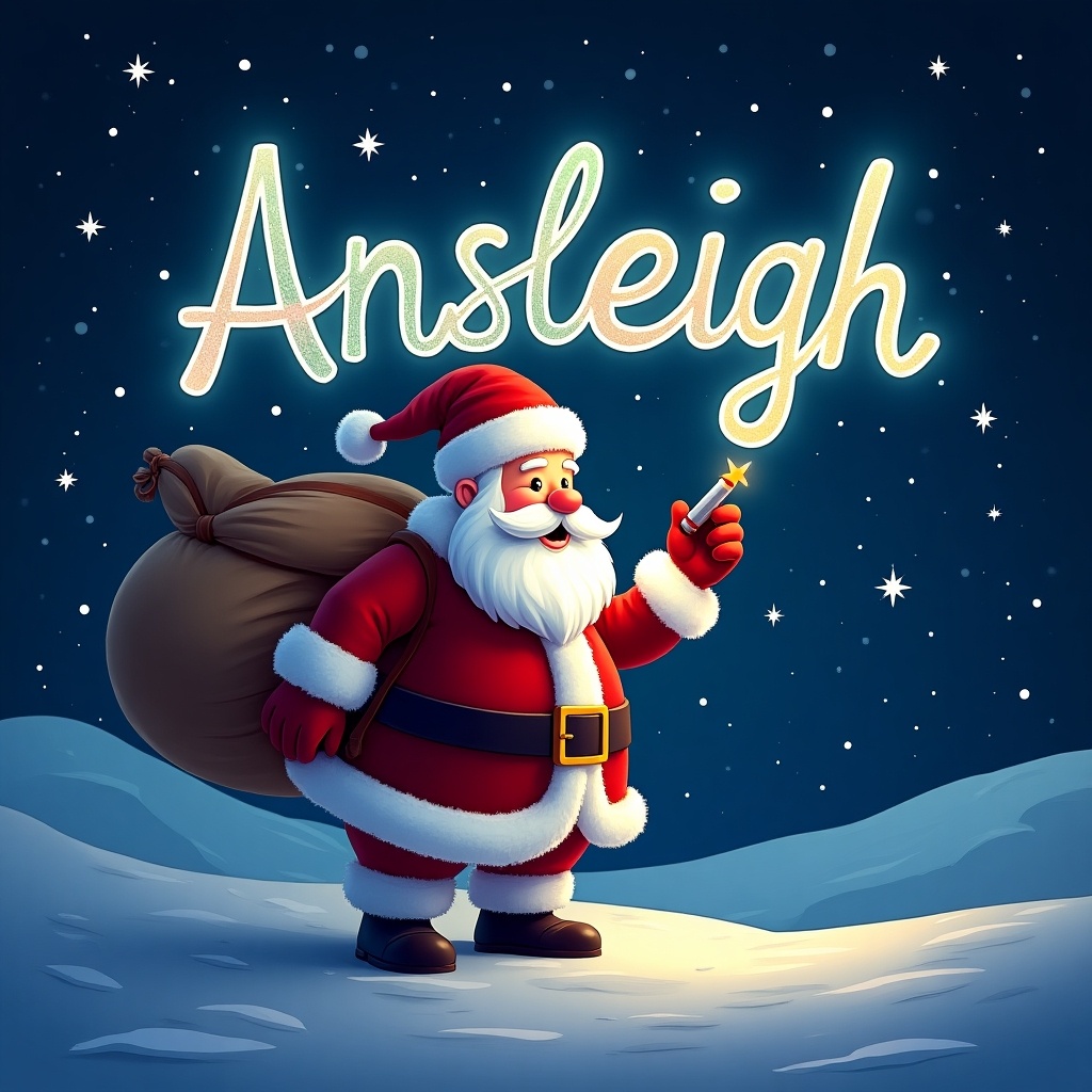 Christmas theme with Santa Claus writing Ansleigh in the sky using a colorful glow pen