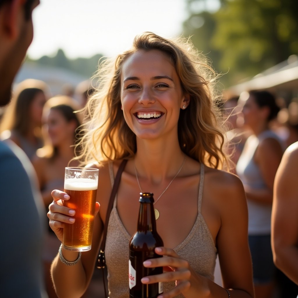 Generate image of a lady holding a beer bottle in a lively outdoor setting. She smiles joyfully while surrounded by a festive atmosphere.