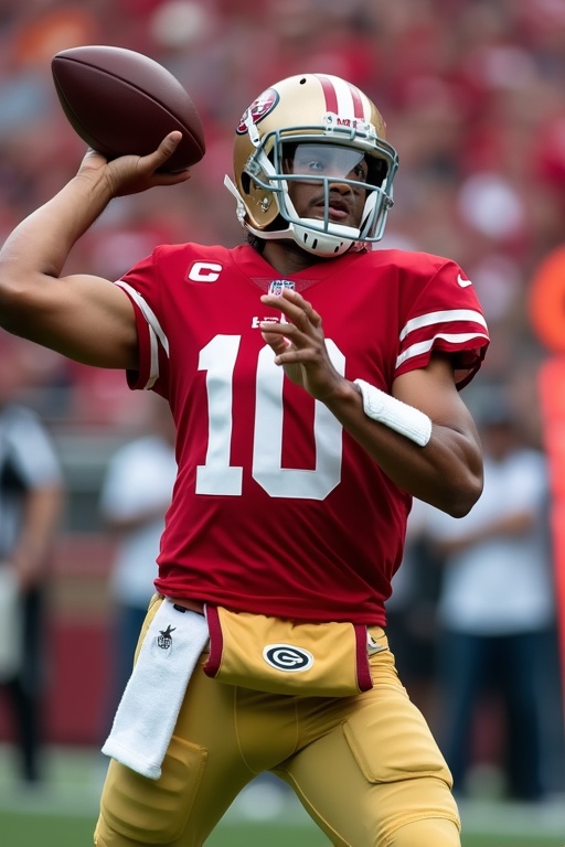 Quarterback throws a football during a game. He wears a red sports jersey with gold accents. The scene has sports fans in the background.