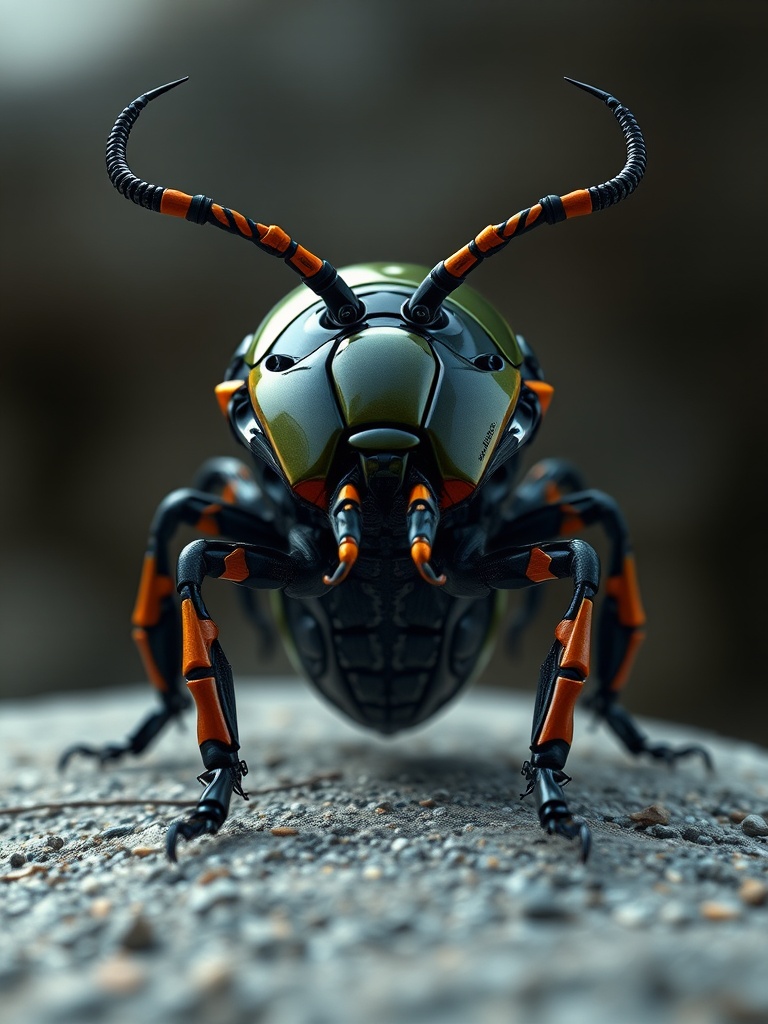 This striking digital illustration showcases a mechanical beetle with a sleek, high-tech design. Its glossy black body is accentuated with neon orange details, and the insect's antennae curve elegantly upwards. Set against a blurred natural background, the beetle is positioned centrally, creating a powerful and futuristic appearance.