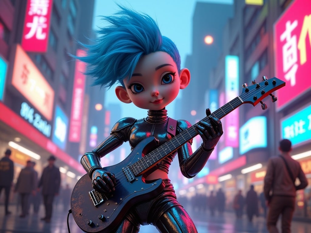 This image features a stylized anime character reminiscent of AstroBoy, designed in a vibrant cyberpunk setting. The character has striking blue hair and is confidently playing an electric guitar. The background is filled with neon lights and a bustling city atmosphere, suggesting a futuristic environment. The character's outfit is sleek and metallic, matching the high-energy vibe of a music scene. The art style is vibrant and playful, capturing the essence of both music and anime culture.