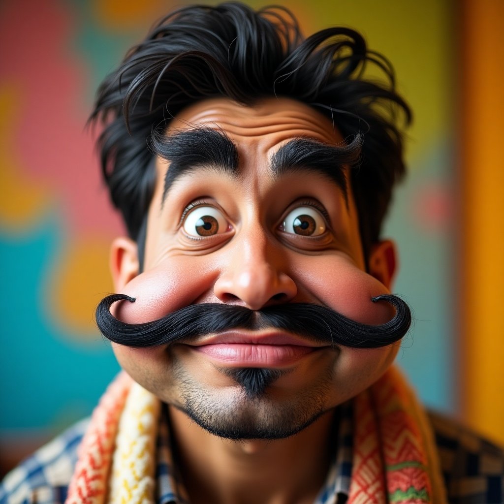 Portrait of a man with distinctive large lips. Bold eyebrows create an eye-catching appearance. Vibrant background adds contrast.