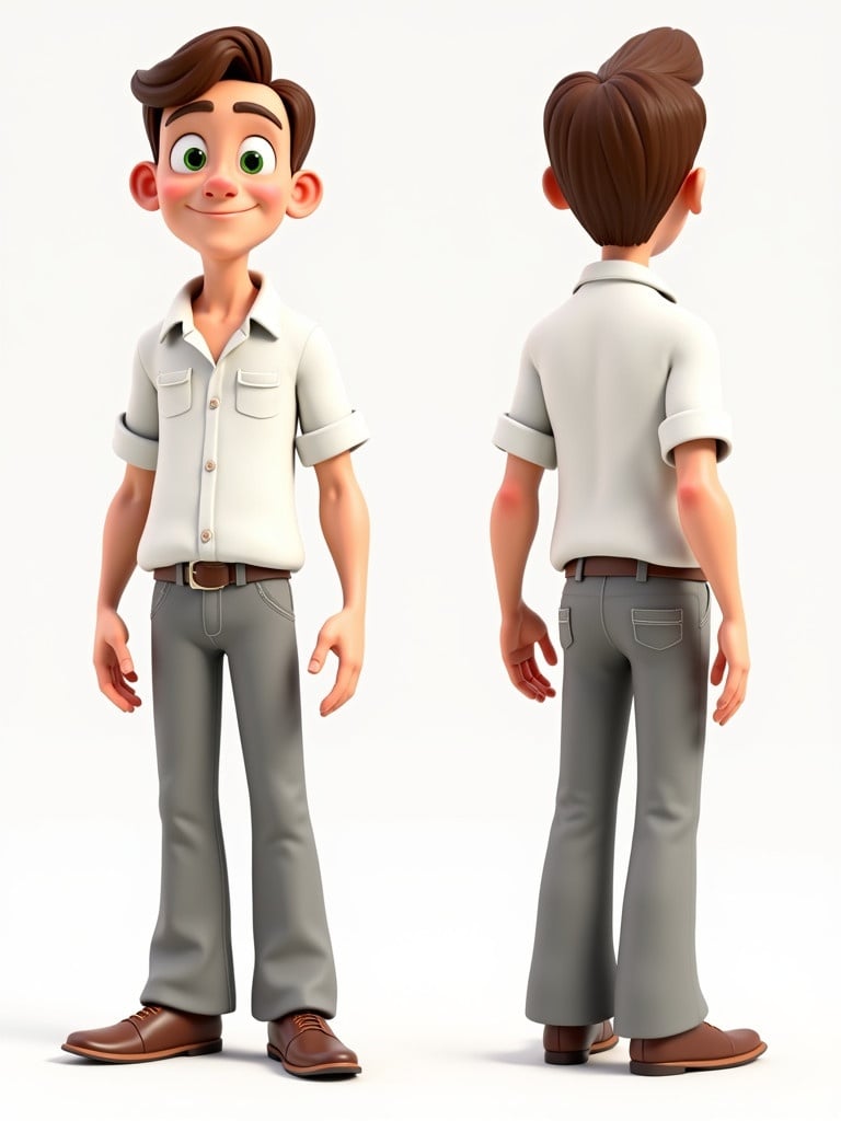 Male cartoon character in T-pose. Front and side views. Character has brown hair, green eyes, white shirt, gray linen pants. Appears mid 30s in stylized 3D animation style.