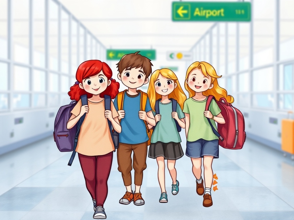 This illustration depicts four cheerful children walking through an airport hallway, each carrying a backpack. The bright, inviting colors and cartoonish style create a sense of excitement and adventure, as the children seem eager for their journey. Overhead signs indicate they are heading towards their next great adventure.