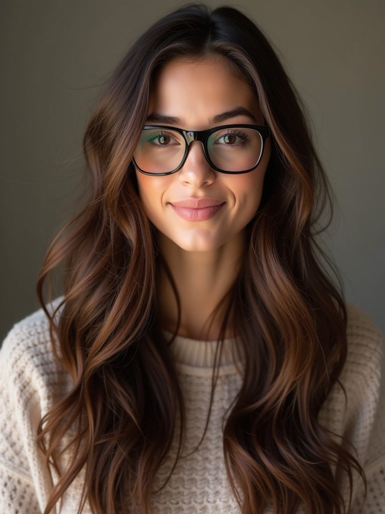 Young woman in Whoville with long wavy hair. She has brown hair and brown eyes. She wears glasses. Her hair is voluminous and styled casually. The background is neutral and soft. She appears relaxed and approachable.