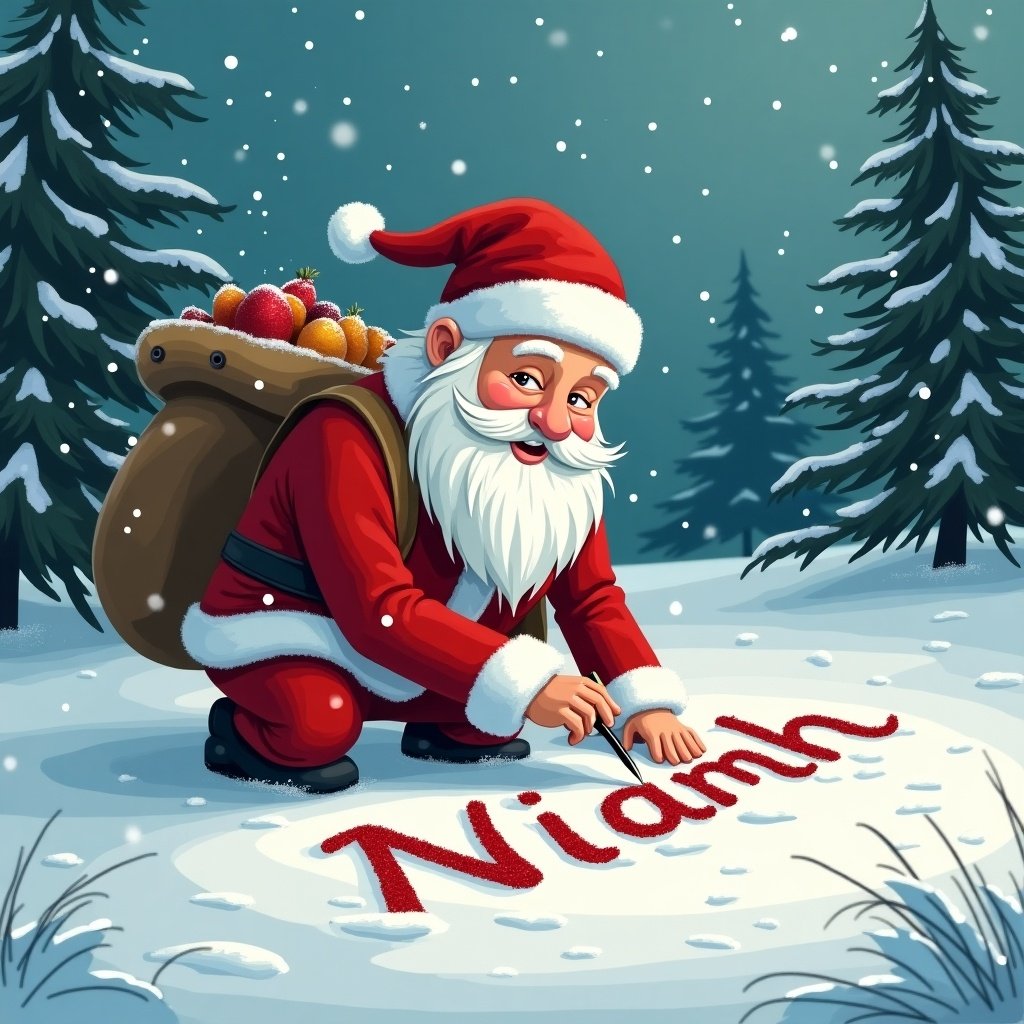 The image features Santa Claus in a snowy landscape, getting ready for Christmas. He is cheerfully writing the name 'Niamh' in the pristine snow. Santa is dressed in his classic red outfit with a white beard and is surrounded by evergreen trees. A bag filled with colorful fruits rests on his back, adding a festive touch. Soft snowflakes are falling around him, enhancing the magical atmosphere of the scene.