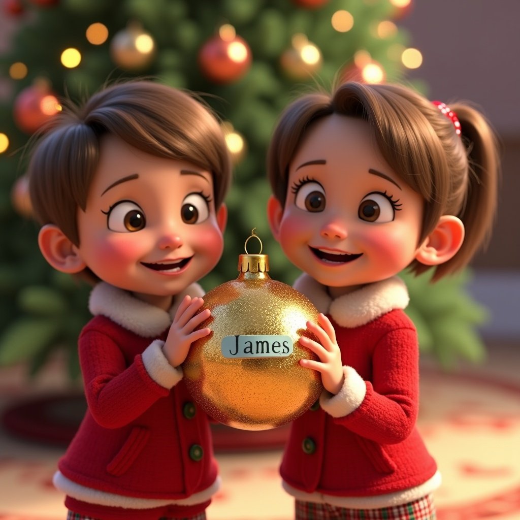 Two animated children are holding a shiny golden bauble. The bauble has the name 'James' on it. Both children wear matching red holiday outfits. In the background, there is a beautifully decorated Christmas tree.