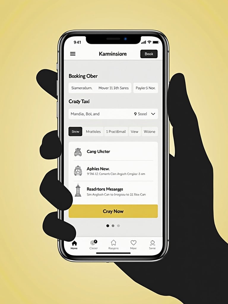 Phone displays a taxi booking app. A hand holds the phone. The app shows booking options, fares, and services. Black silhouette of the hand. Bright yellow background.