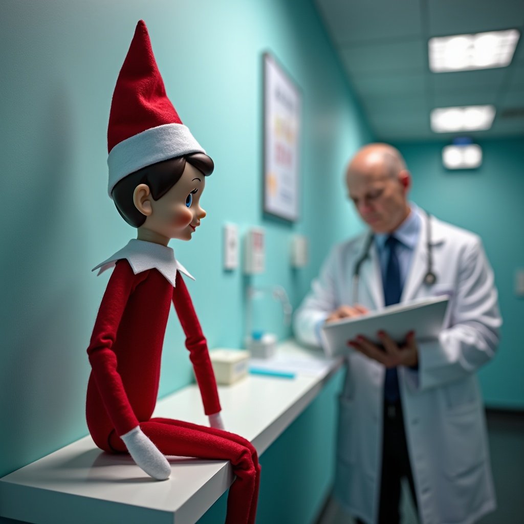 Elf doll in red and white outfit sits on a table. Doctor is nearby, checking on the elf in a hospital setting. Room has a mint green color.