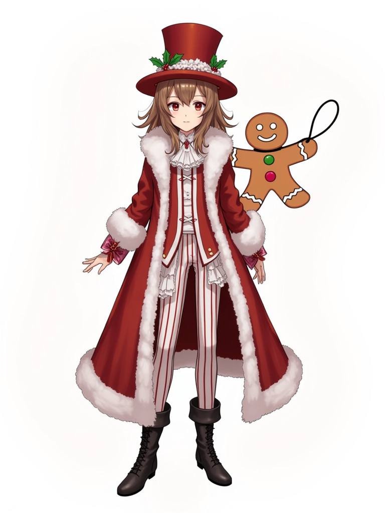 Character in an elaborate holiday costume. Red and white ensemble with a fur-trimmed coat. Ruffled shirt underneath. Striped pants and tall black boots. Tall hat decorated with holly. Whimsical gingerbread figure attached. Plain background emphasizes costume details.