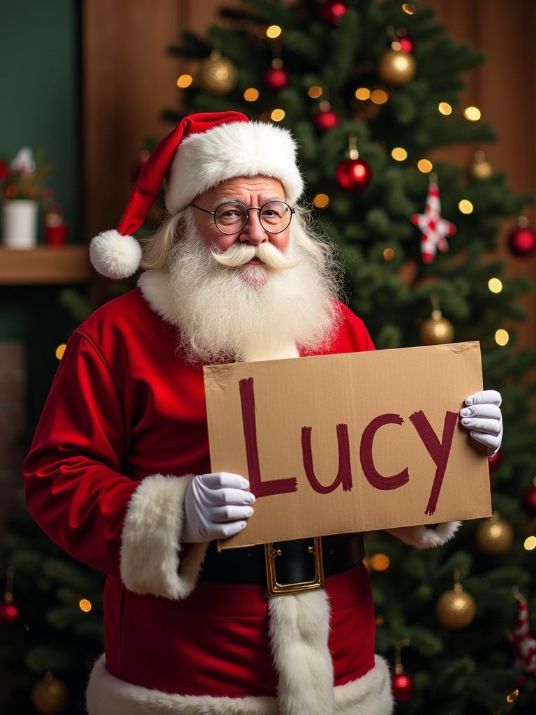 Santa Claus in traditional red suit holds a sign. Sign displays Lucy. Christmas tree in background adds festive atmosphere.