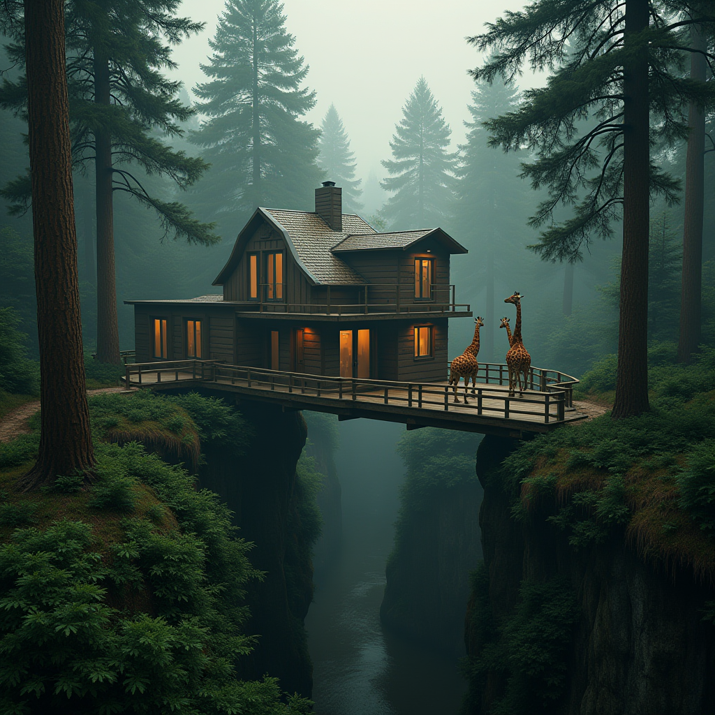 A wooden house perched atop a narrow bridge spans a lush forest canyon with two giraffes standing on the path.