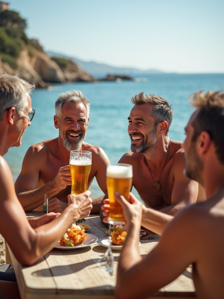 A group of five middle-aged men are drinking beer near the beach. The sun is shining brightly. They all appear happy. One man shows features of African descent and another shows features of Greek descent. The rest are Scandinavian. They toast their beers at a wooden table.