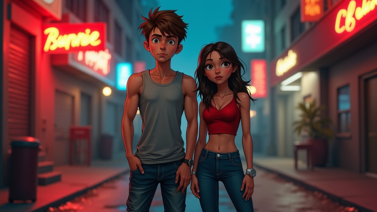 In a vibrant city street illuminated by colorful neon lights, a young man and woman stand side by side. The man, wearing a sleeveless shirt and jeans, looks surprised, while the woman, in a crop top and jeans, exudes confidence. The background is filled with neon signs in various bright colors, adding to the urban night scene's lively atmosphere.