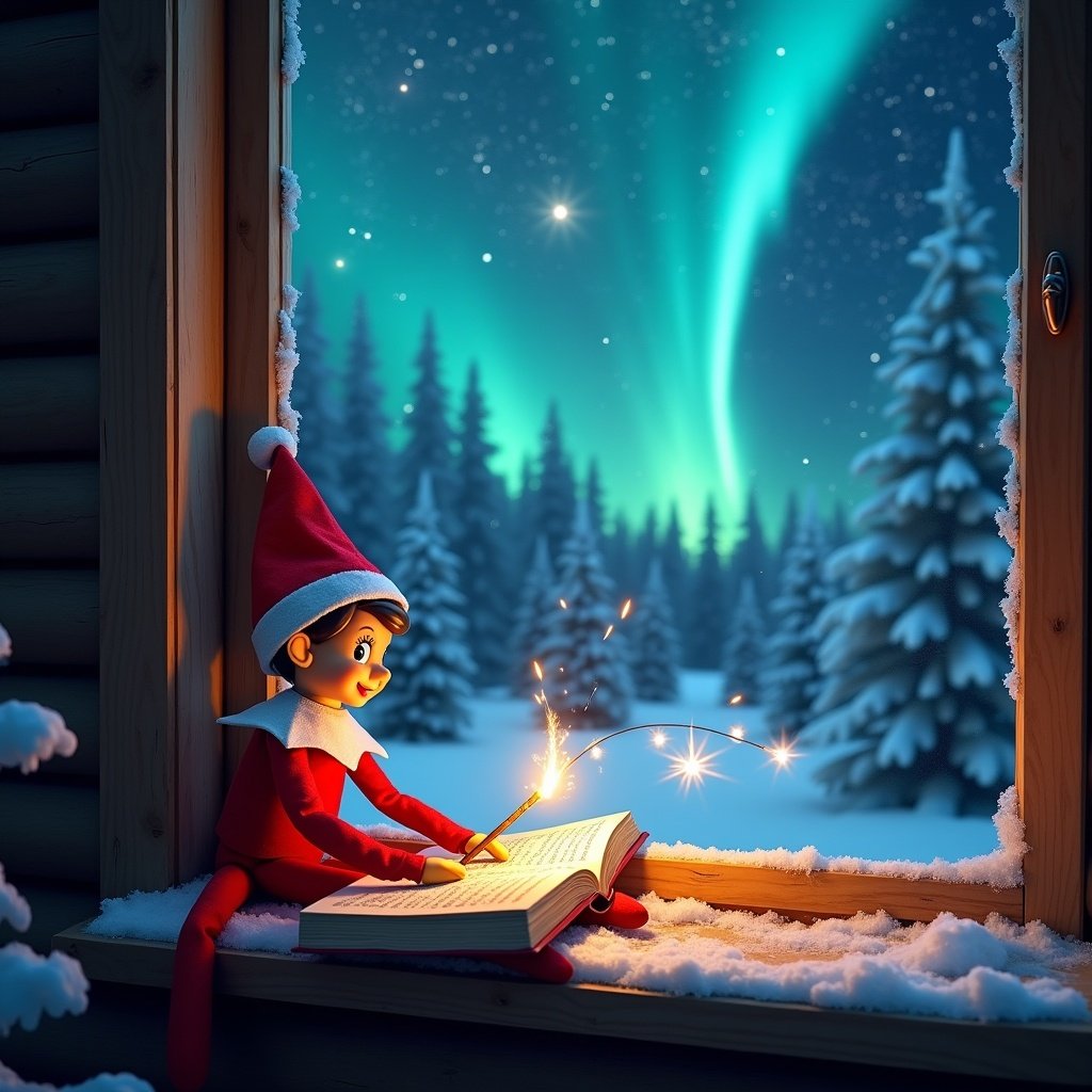 This whimsical scene captures a traditional elf on the shelf in a vibrant red outfit, sitting on a cozy window sill at the North Pole. The elf is looking up at the enchanting northern lights, writing the name 'Payton' in the air with a magic wand surrounded by blue fireworks. Inside the cabin, a book is illuminated by a small flame, showcasing the elf's cheerful and focused demeanor. Outside, the night sky is alive with colorful northern lights dancing overhead, casting a magical glow on the snowy landscape. Pine trees covered in snow frame this holiday setting, evoking the spirit of Christmas and the wonder of childhood. The image beautifully encapsulates the essence of holiday magic, inviting warmth and joy to the viewer.