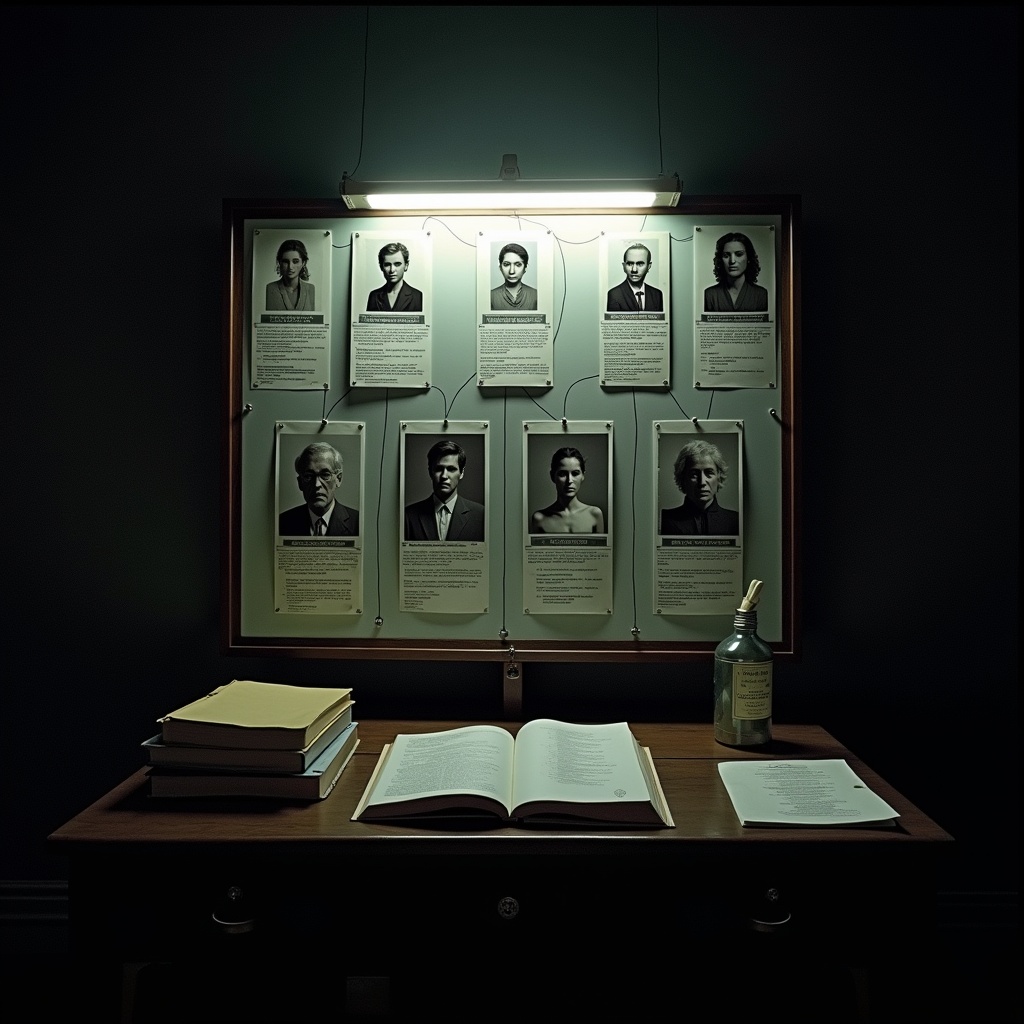 The image showcases a crime investigation board set up in a dimly lit room. The board is filled with photographs of various individuals, connected by lines to illustrate relationships or key evidence. Each panel contains detailed descriptions of the subjects, evoking a sense of mystery. A few items like books and a bottle are placed in front of the board, suggesting ongoing research. Soft lighting creates an intense atmosphere, leading viewers to wonder about the criminal narrative depicted.