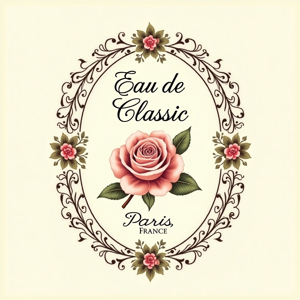 A decorative fragrance label design featuring a rose. Text includes "Eau de Classic" and "Paris, France." The design is ornate with dark accents and floral elements.