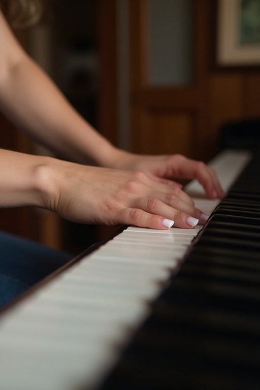 Image shows a young woman's feet with white toenail polish positioned over piano keys playing piano with feet. Side view captures feet and keys.