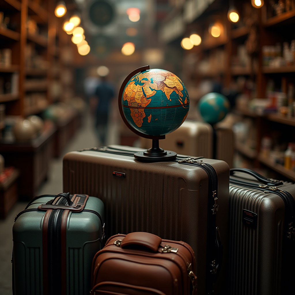 A globe resting on a stack of suitcases in a cozy, warmly lit travel shop.