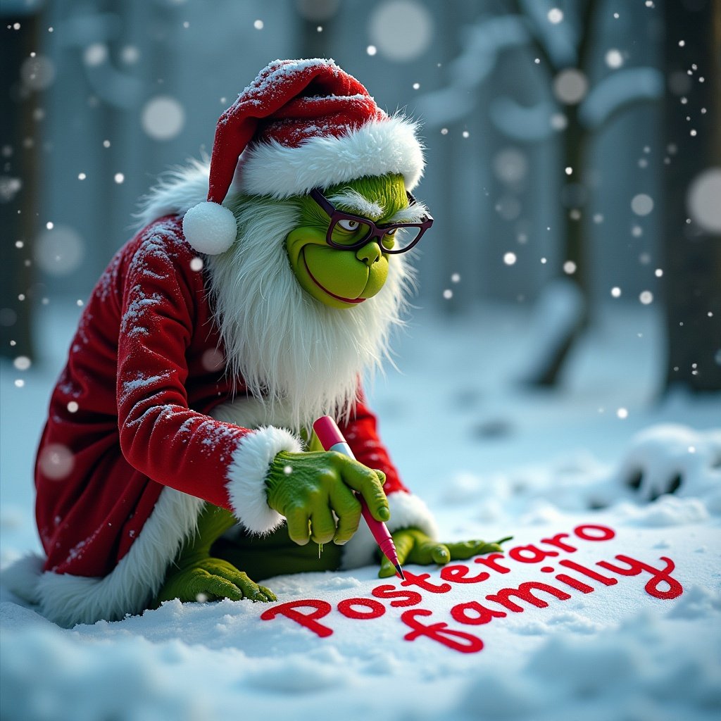 Grinch in a snowy forest writing Posteraro family in the snow with a red marker. Snowflakes fall around him, creating a magical atmosphere. Long white beard and glasses give a classic holiday appeal.