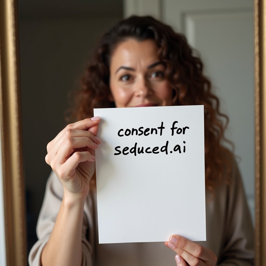 A person holds a piece of paper with a handwritten message saying consent for seduced.ai. The individual stands in a softly lit indoor area, showing their arm and hand prominently. The mirror reflects the scene, focusing on the paper.