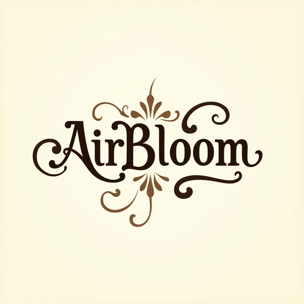 Image showcases the word 'AirBloom' in a styled font. Intricate swirls and flourishes decorate the text. Soft beige background with dark brown accents creates a warm feel. Design emphasizes creativity and artistry. Overall look is elegant, visually appealing.