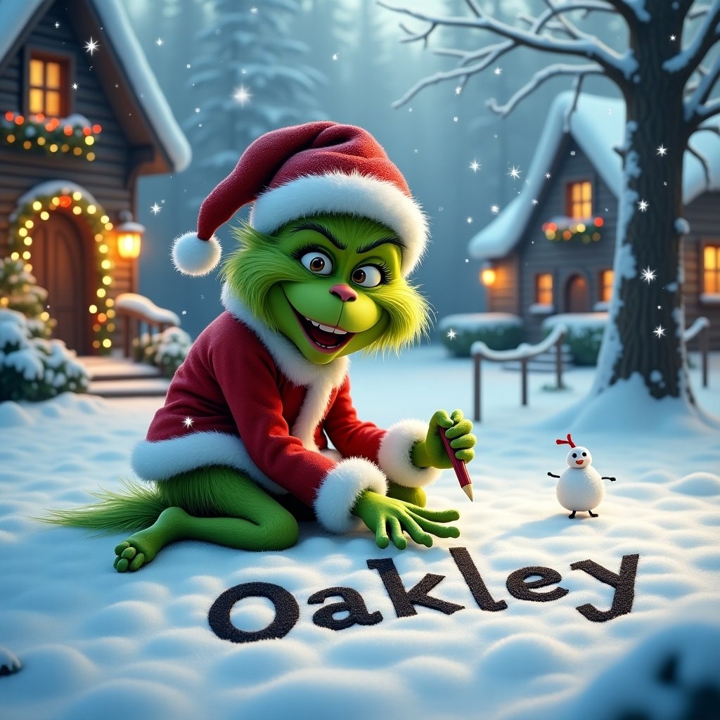 Grinch writing Oakley in the snow in a snowy landscape. Grinch wears a red and white Christmas outfit. He joyfully writes in the freshly fallen snow. Delicate snowflakes cascade around. Cozy cottages with warm lights are seen. Moment captures holiday creativity and spirit of giving.