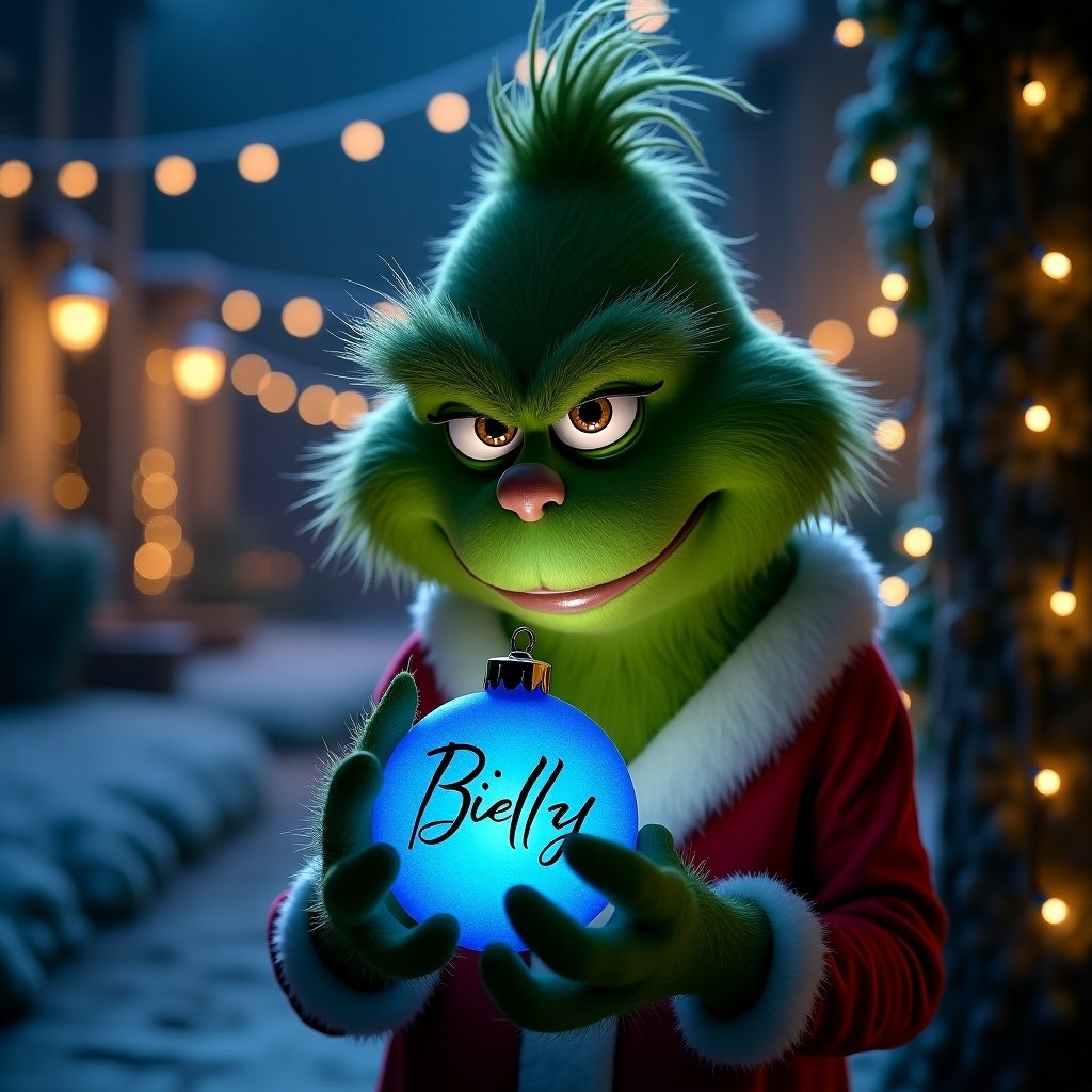 A serene night garden featuring the Grinch holding a luminous blue Christmas bauble named Billy. The garden is illuminated by twinkling Christmas lights creating a festive atmosphere. Perfect for Christmas-themed imagery.