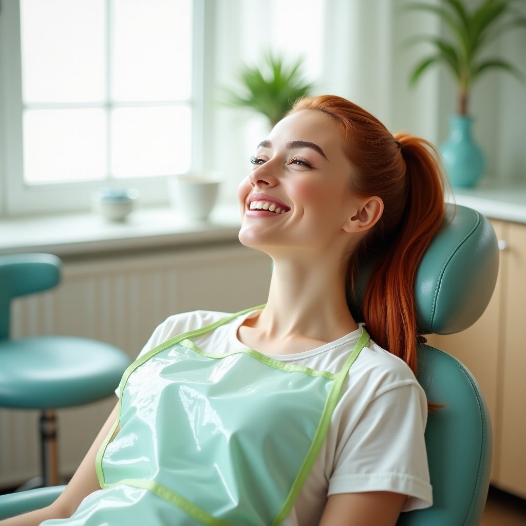 Young woman reclining in a dental chair in a modern clinic. Long red hair in a ponytail. Wearing a comfortable outfit and a clear PVC bib with green edges. Bright natural light fills the room, enhancing a calm atmosphere. Woman shows a relaxed expression, indicating comfort during her dental visit.